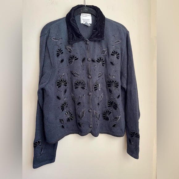 Vintage Sweaters - vintage velvet collar floral embroidered cardigan